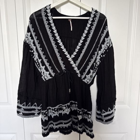 Free People Tops - Free People Tunic Top Embroidered Bell Sleeves Size S Boho Festival Hippie Beach